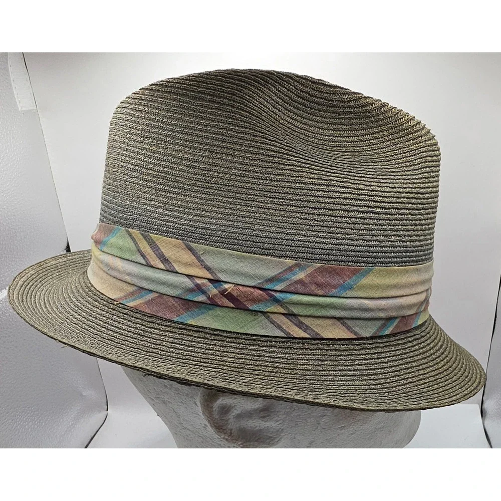 Vintage Stetson Straw Panama Fedora Hat Gray Men's 7 1/8 Woven Pastel Plaid Band